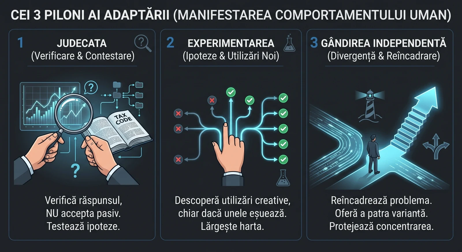 Cei trei piloni ai adaptării la AI: judecata (verificare și contestare), experimentarea (ipoteze și utilizări noi) și gândirea independentă (divergență și reîncadrare).