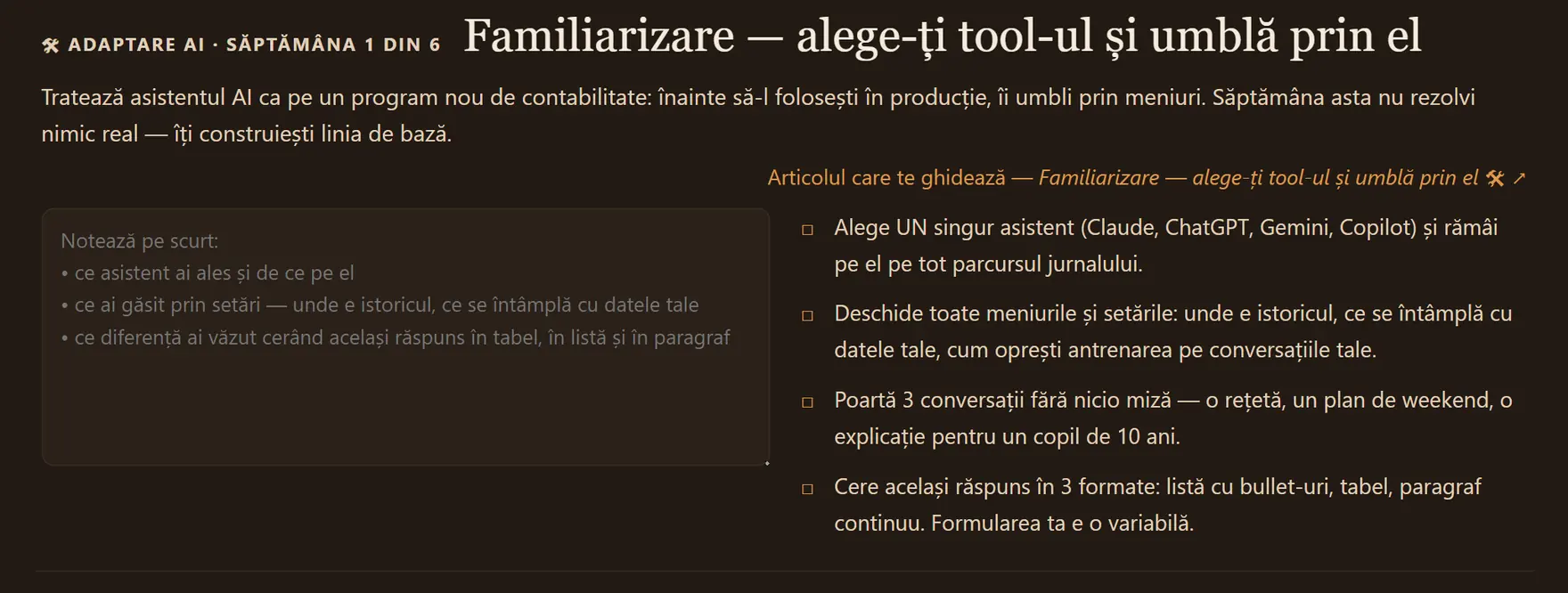Secțiunea „Adaptare AI” din Jurnalul AI: titlul activității săptămânii, obiectivul, caseta de notat în stânga și lista de pași în dreapta.