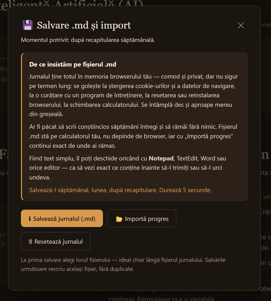 Fereastra Salvare .md și import din Jurnalul AI, cu explicația despre memoria browserului și trei butoane: Salvează jurnalul, Importă progres și Resetează jurnalul.