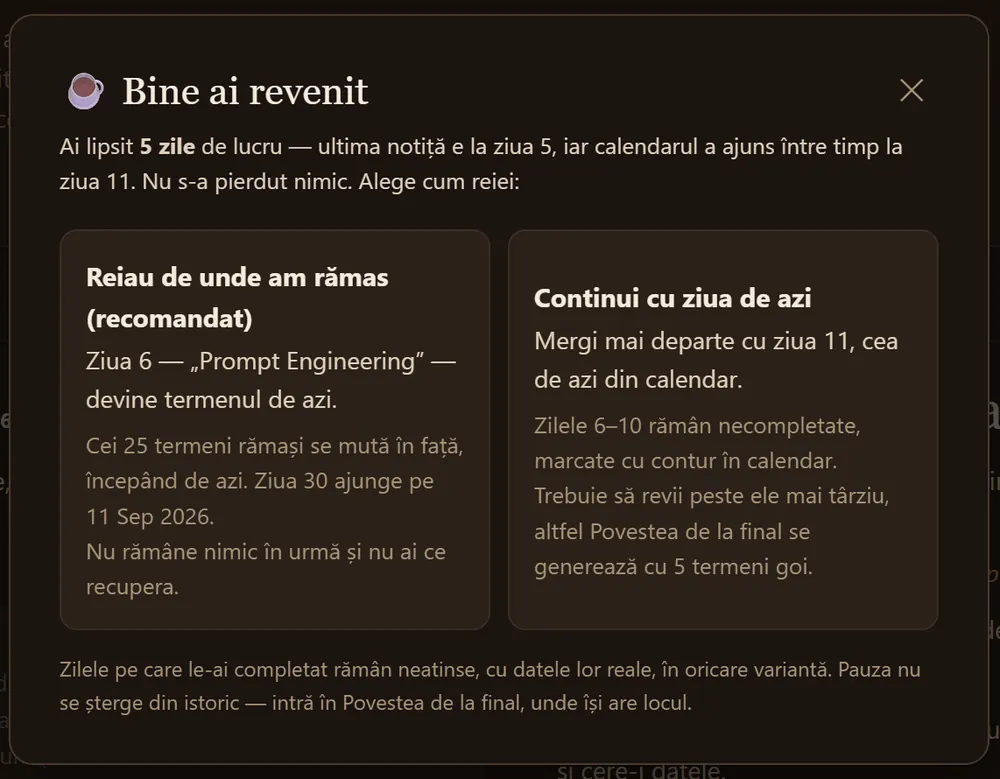 Caseta „Bine ai revenit” din Jurnalul AI, după o absență de cinci zile lucrătoare, cu cele două variante de reluare: „Reiau de unde am rămas” și „Continui cu ziua de azi”.