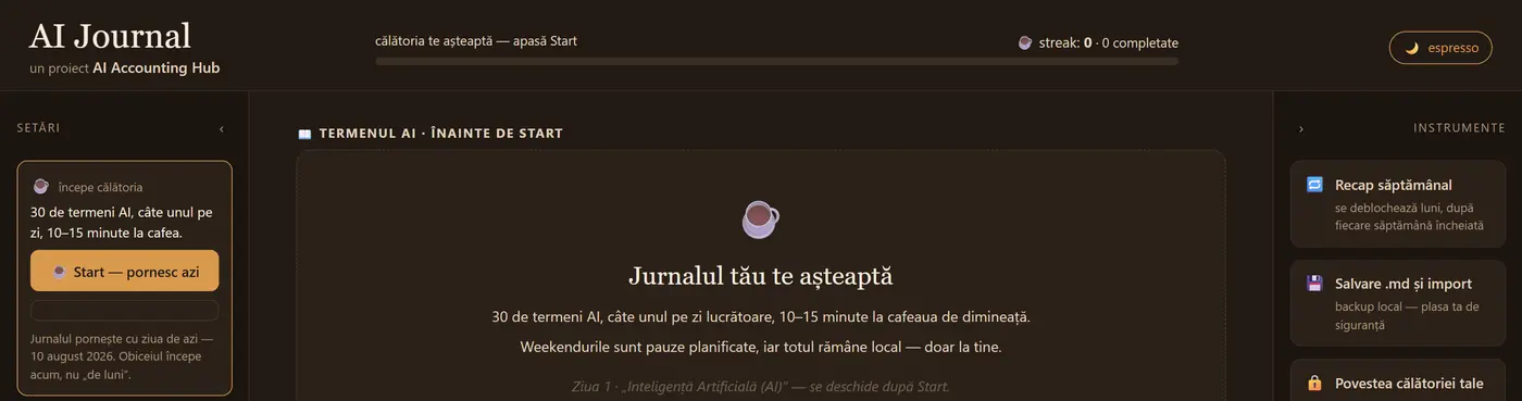 Aceeași zonă a Jurnalului AI în tema închisă, numită espresso.