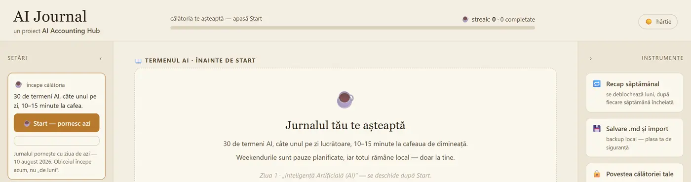 Zona de sus a Jurnalului AI în tema deschisă, numită hârtie.