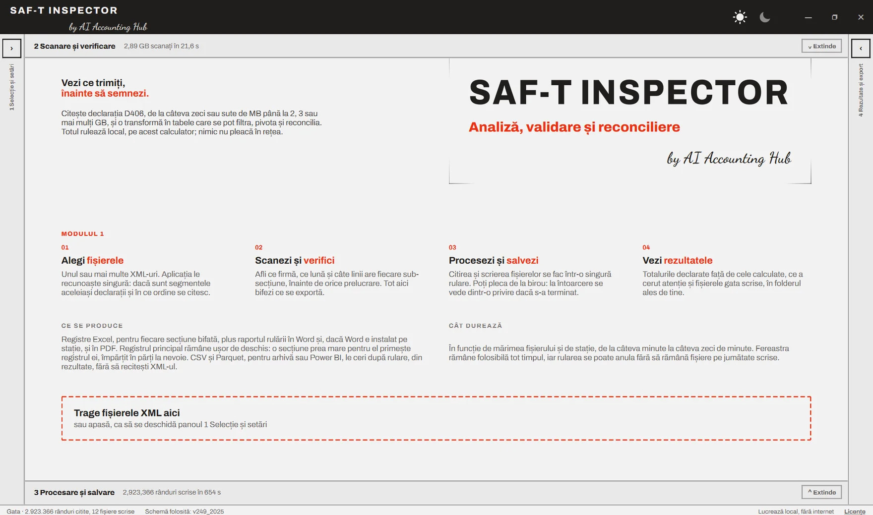 Ecranul de start al aplicației SAF-T Inspector, în tema deschisă, cu numele aplicației, subtitlul „Analiză, validare și reconciliere” și semnătura by AI Accounting Hub.